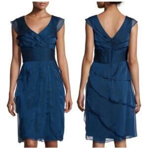 Adrianna Papell Dark Teal Chiffon Ruffle Tiered Sheath Dress Size 8 Wedding